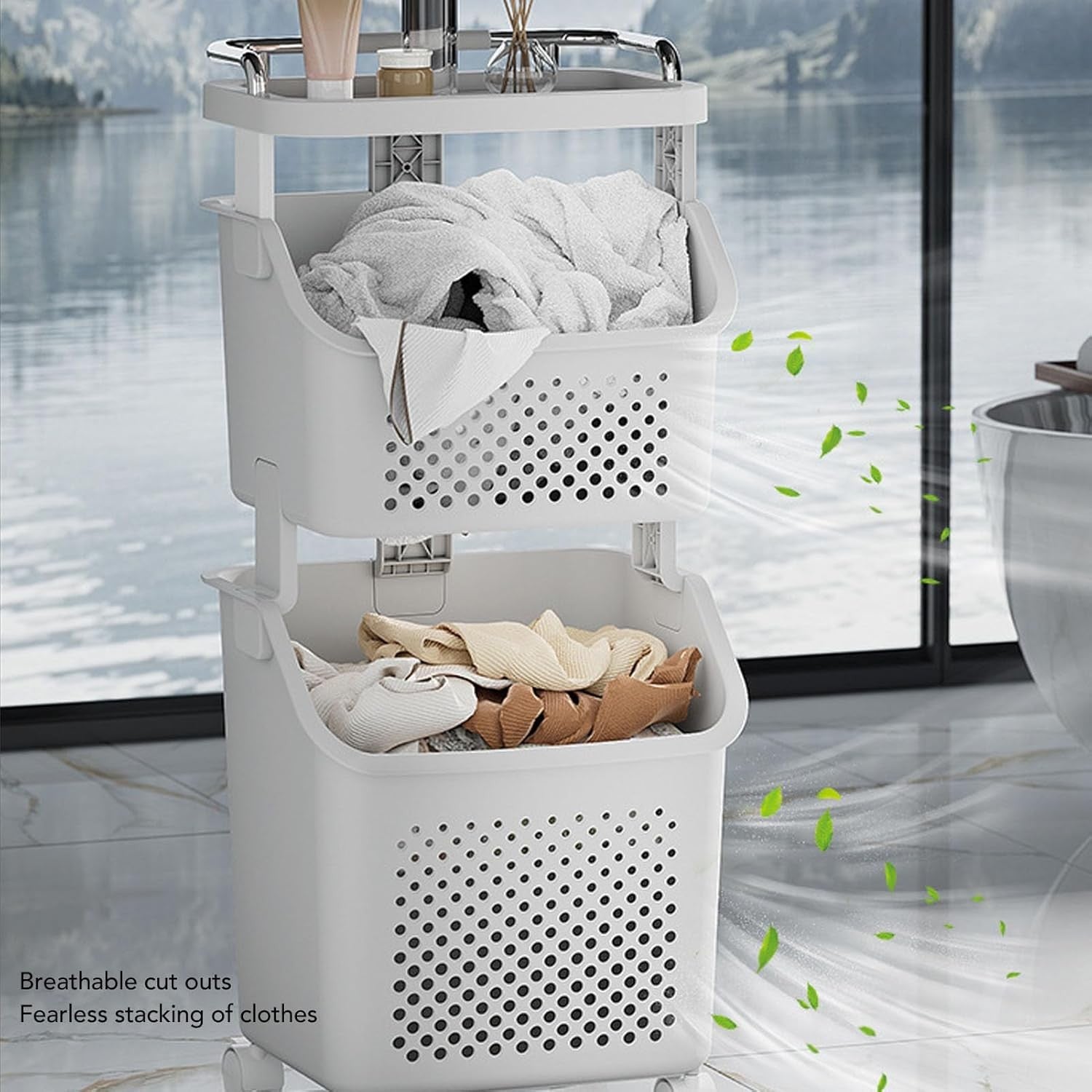 2 Tier Rolling Laundry Hamper Basket Stackable Organizer with Wheels White