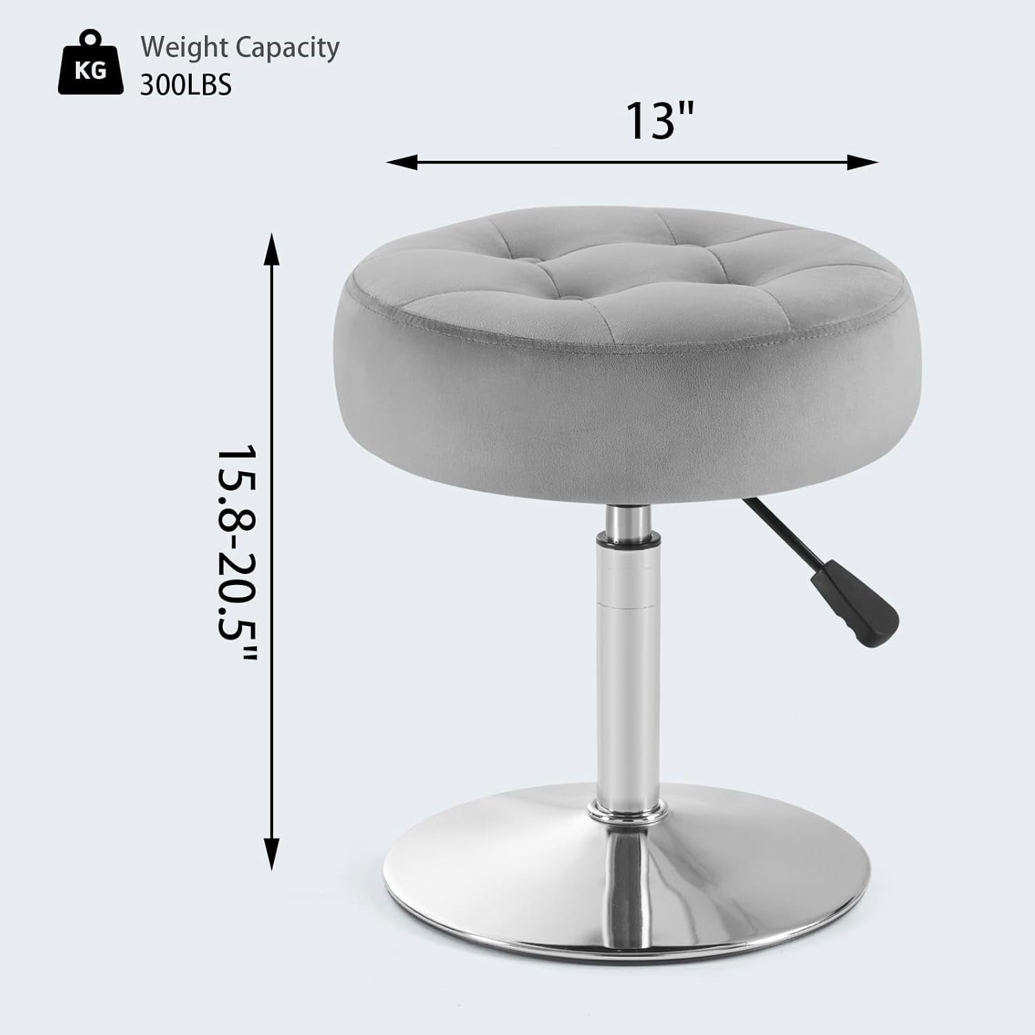 Grey Velvet Adjustable Vanity Chair – Round Swivel Makeup Stool Chrome Base