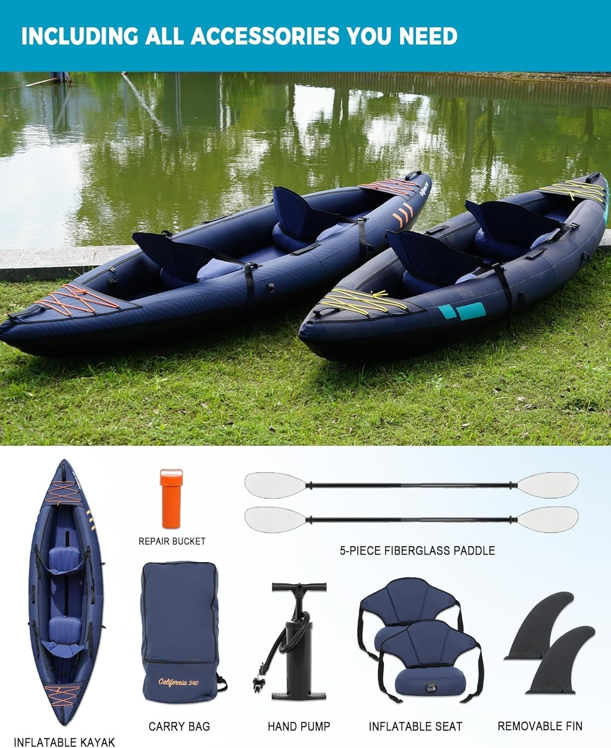 2 Person Inflatable White Water Kayak w/ Pump Paddles Bag