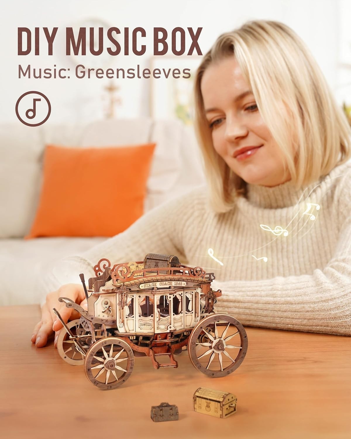 3D Wooden Stagecoach Puzzle Kit with Music Box – DIY Gift for Adults & Kids