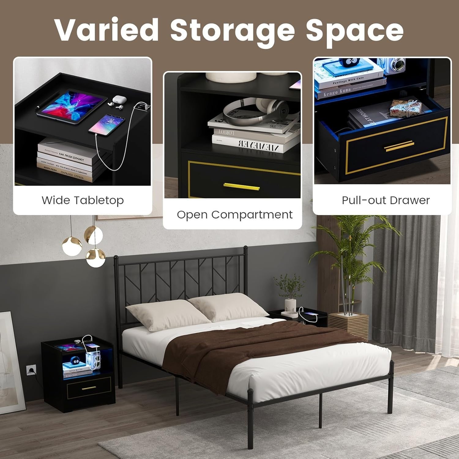 Set of 2 Black LED Bedside Tables with USB Charging & Drawer | Smart Nightstands