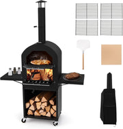 Outdoor Wood-Fired Pizza Oven | BBQ Grill w/ Side Shelves, Thermometer & Cover