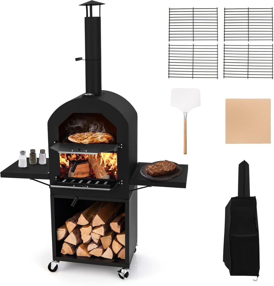 Outdoor Wood-Fired Pizza Oven | BBQ Grill w/ Side Shelves, Thermometer & Cover