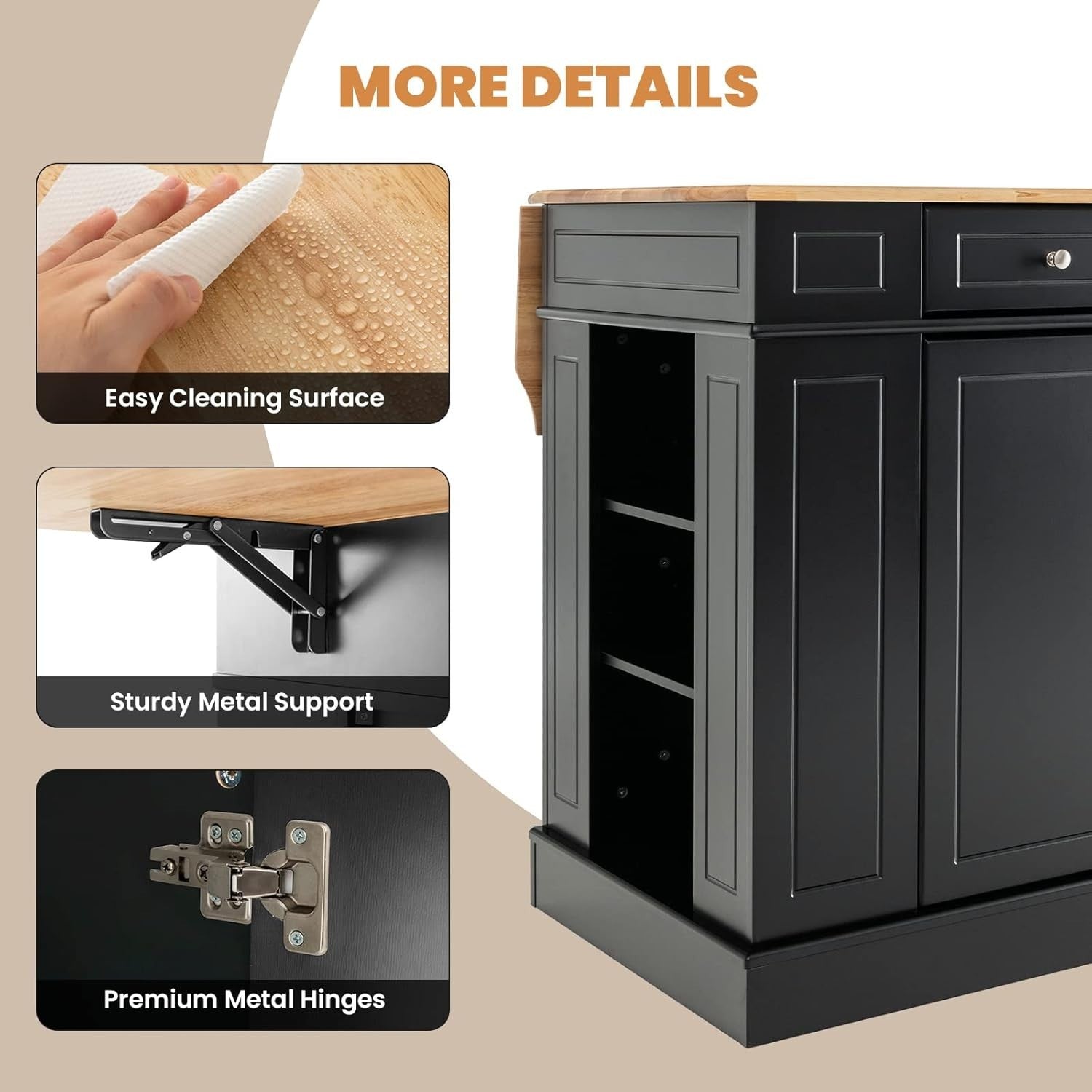 Extendable Kitchen Island Cart with Adjustable Shelves, Drawers & Lockable Stora