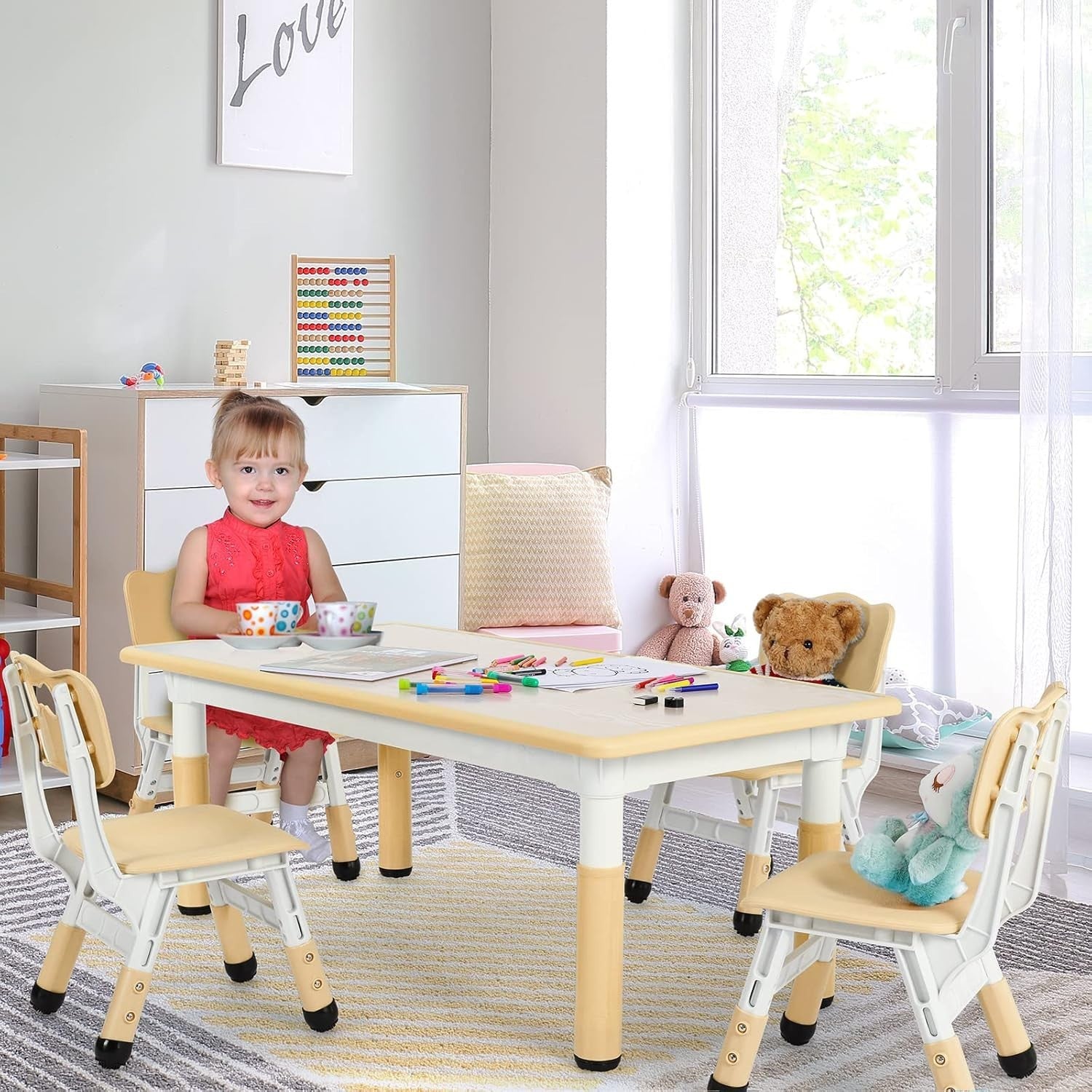 Kids Table and 4 Chairs Set Adjustable Height Study Play Dining Furniture Yellow
