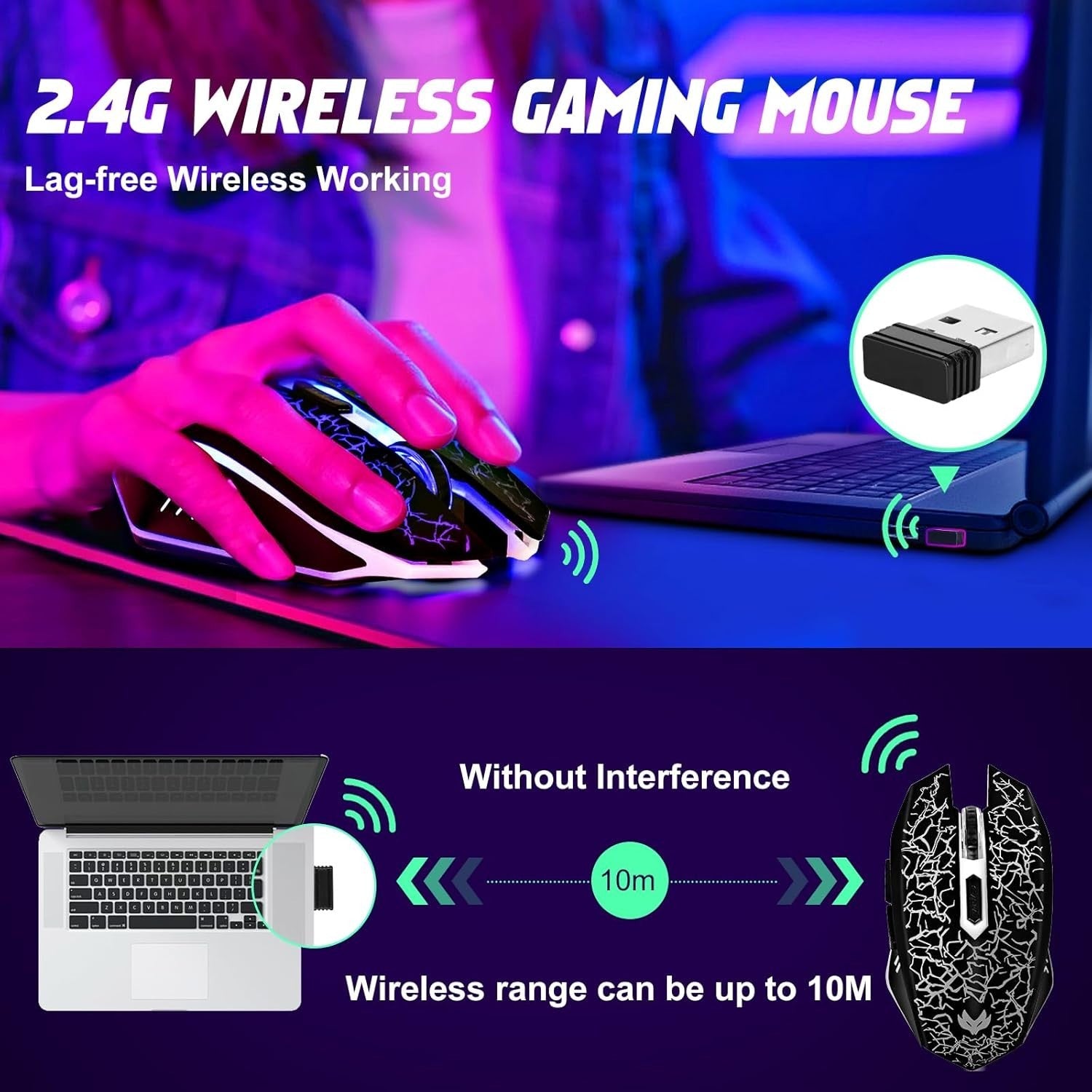 Rechargeable Wireless Gaming Mouse RGB 2400 DPI Silent 6 Buttons