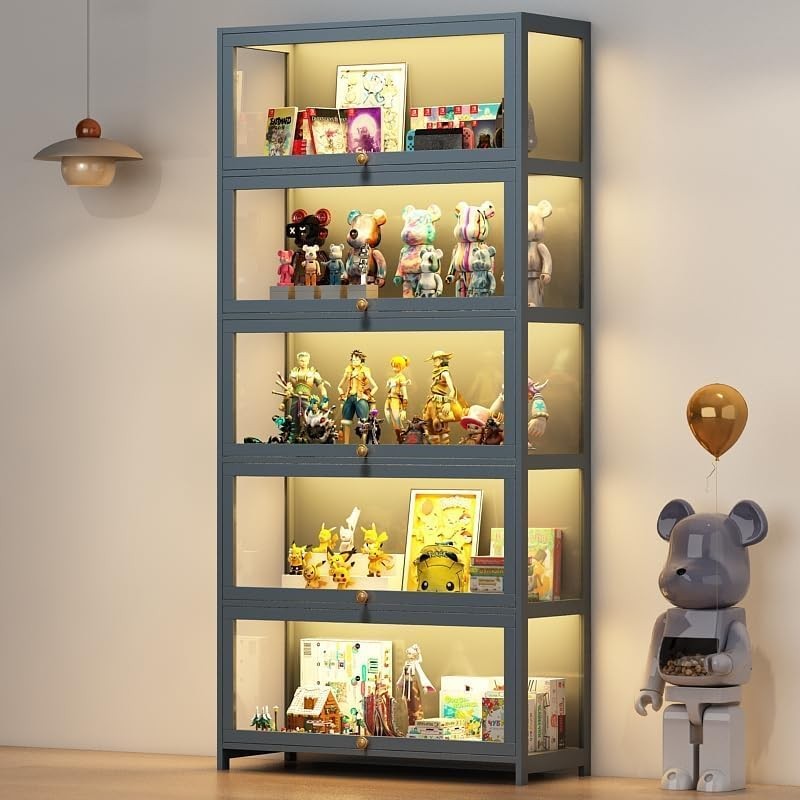 5 Tier LED Display Cabinet with Acrylic Doors | Tall Curio Shelf for Toys Collec