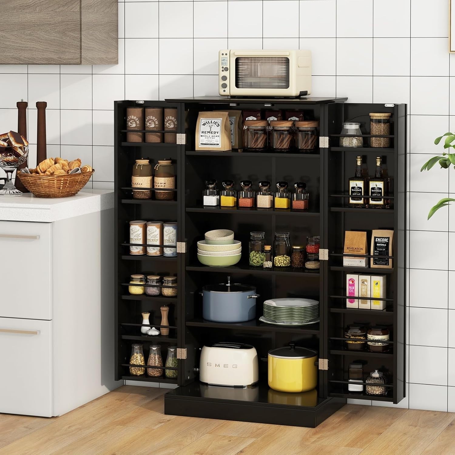 Compact Black Pantry Cabinet with 2 Doors and 17 Storage Shelves