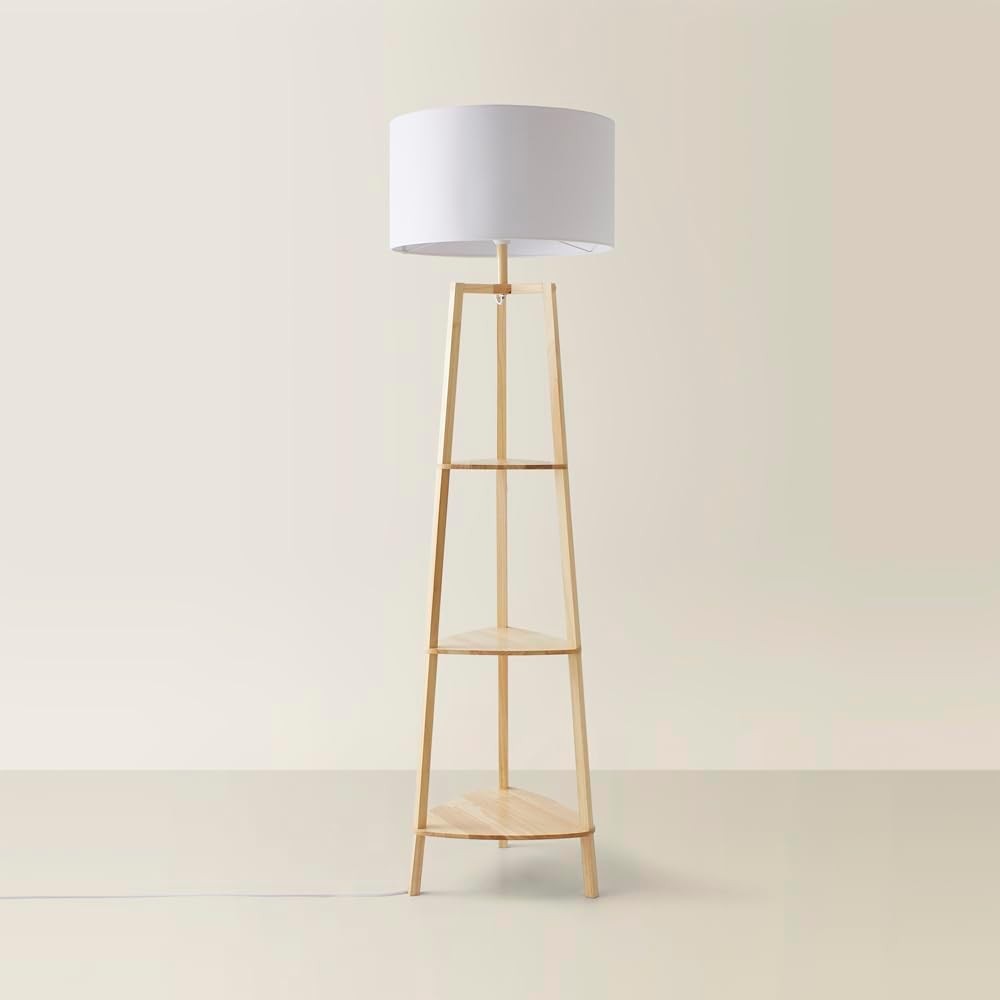 Wooden Floor Lamp with Shelves Storage Modern Standing Light LED Home Decor