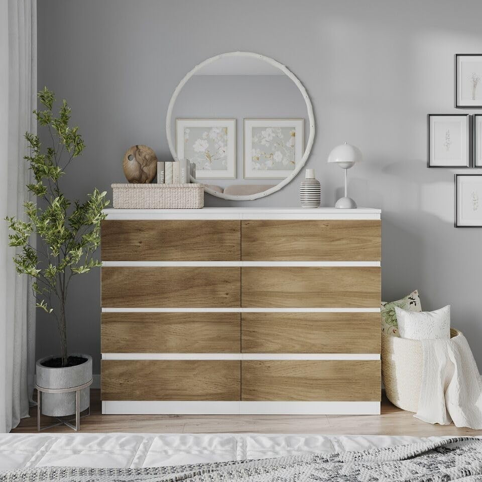 Modern White & Oak 8-Drawer Chest Bedroom Storage Cabinet Office Organizer