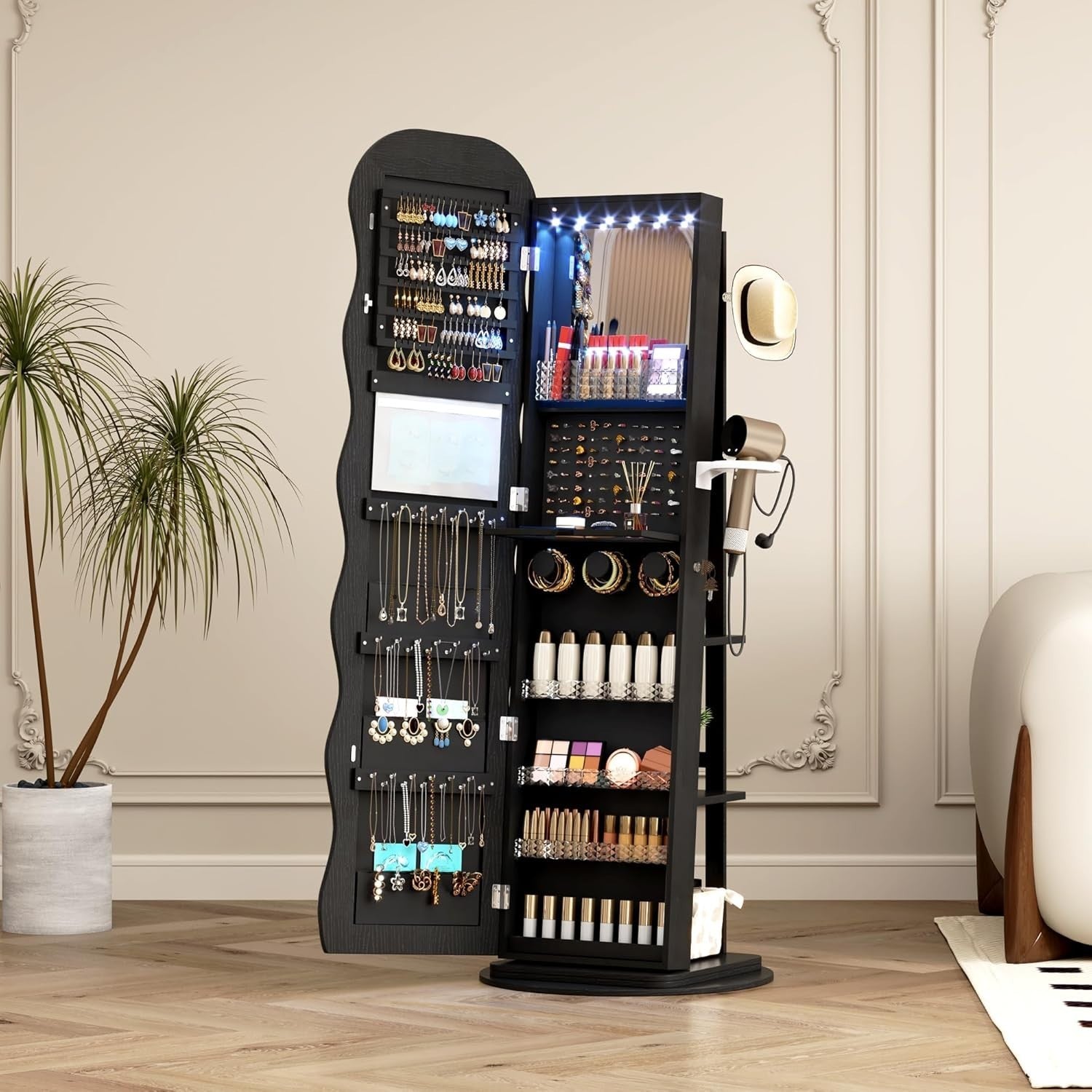 Black LED Rotating Jewellery Cabinet Lockable Wavy Mirror Organizer