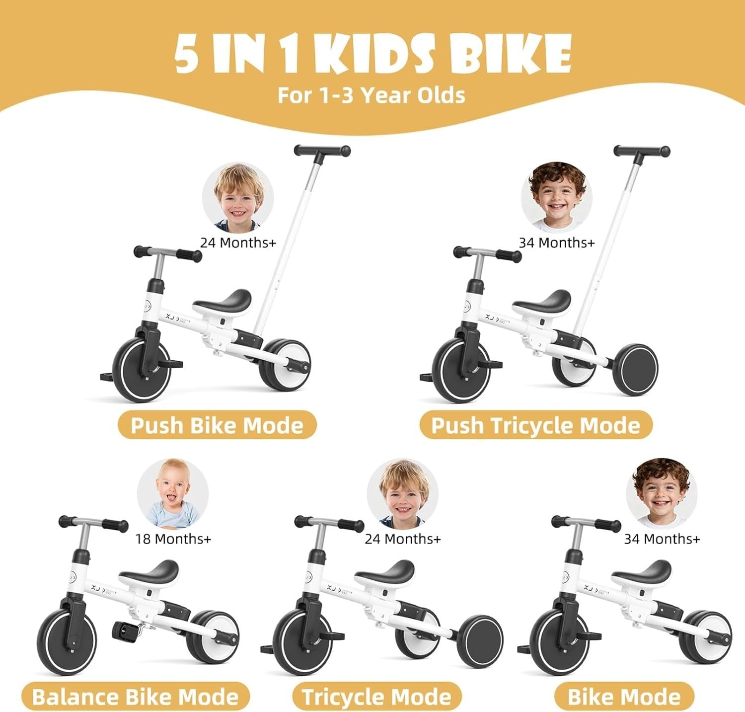 5 in 1 Toddler Tricycle Push Bike Adjustable Handle Foldable 1-3 Years