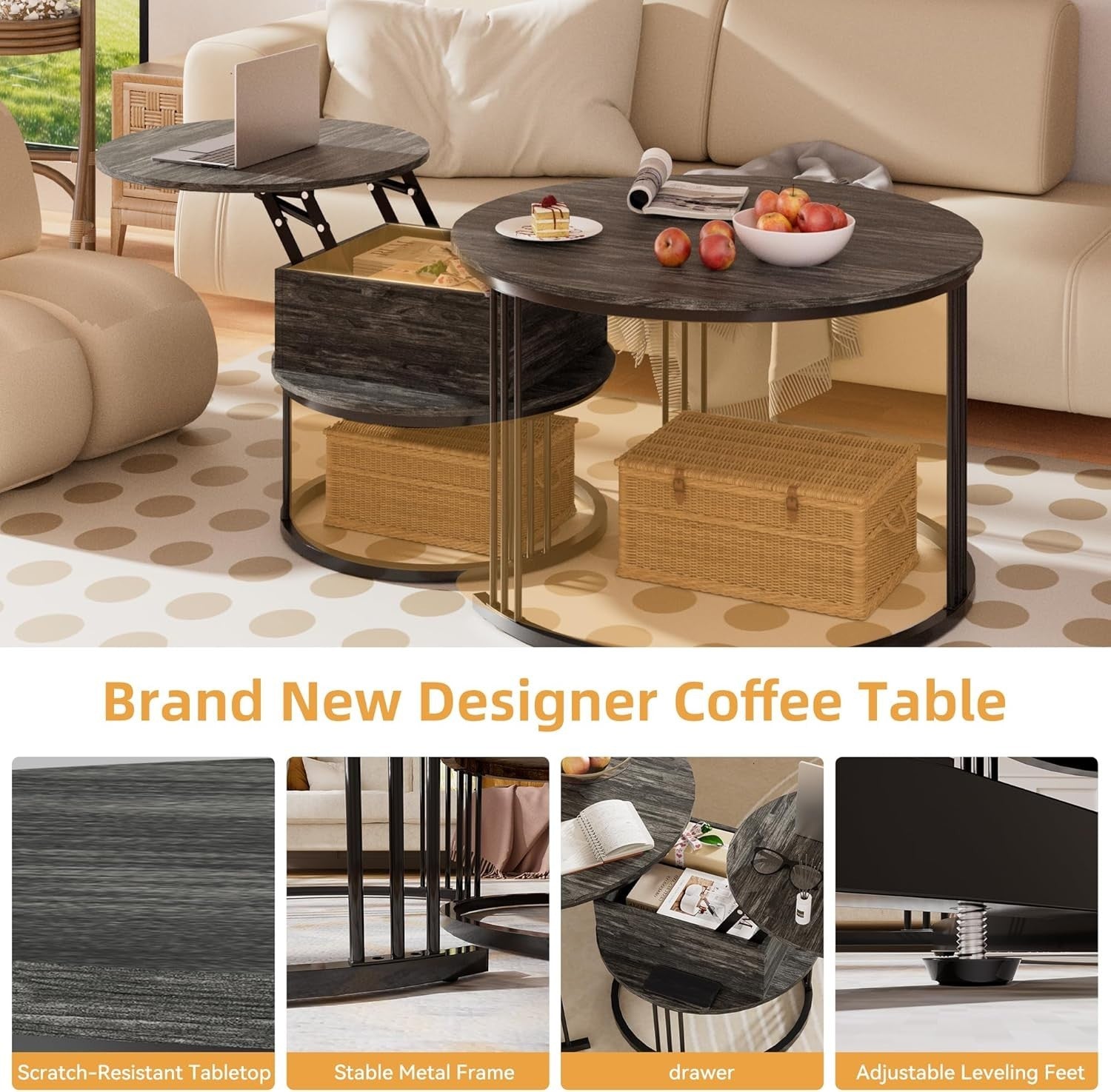 Round Nesting Coffee Table Set Lift Top Storage Glass Top Charcoal Black