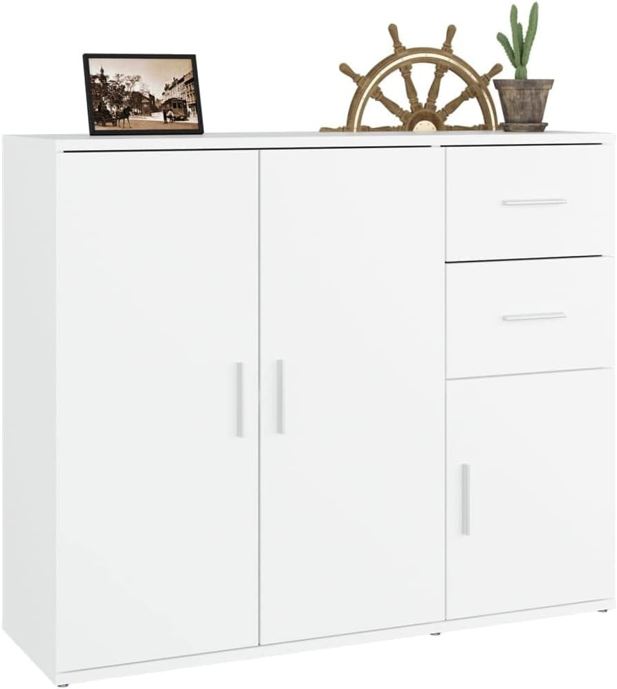 Modern White Engineered Wood Sideboard Storage Cabinet with Drawers & Doors