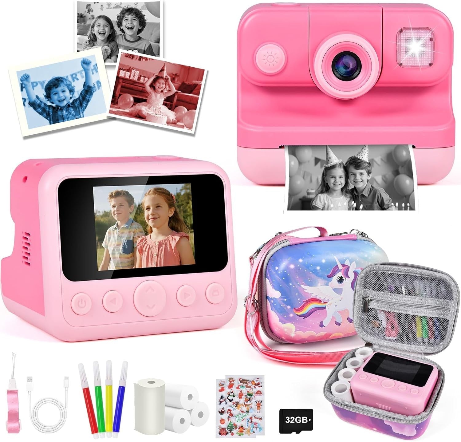 Kids Instant Print Camera 30MP 32GB Card 4 Paper Rolls Pink Bag