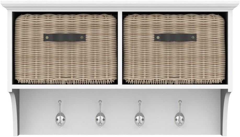 White Wall Mounted Coat Rack with Baskets & Hooks Hallway Storage Shelf Unit