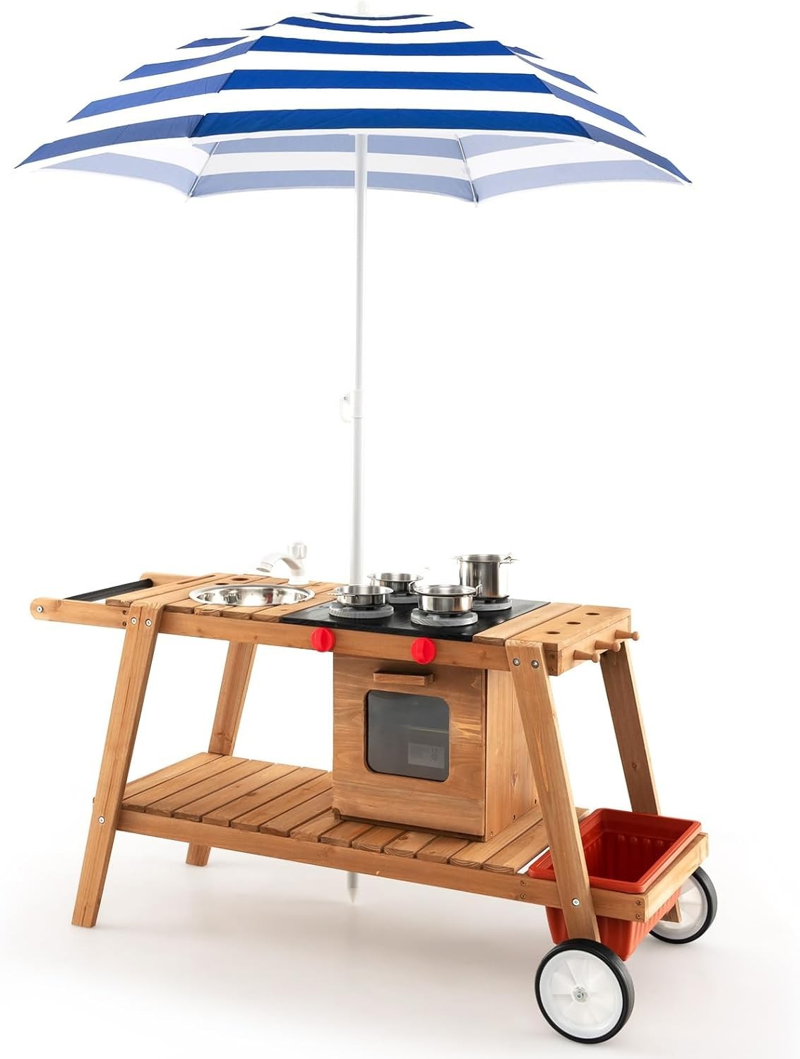 Wooden Mud Kitchen Outdoor Kids Cooking Cart Sink Umbrella Blue Toy