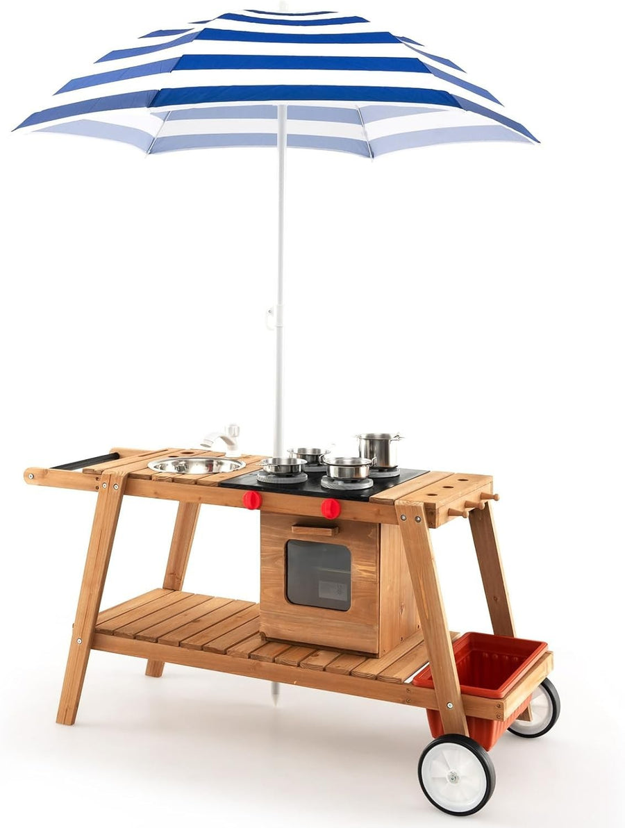 Wooden Mud Kitchen Outdoor Kids Cooking Cart Sink Umbrella Blue Toy