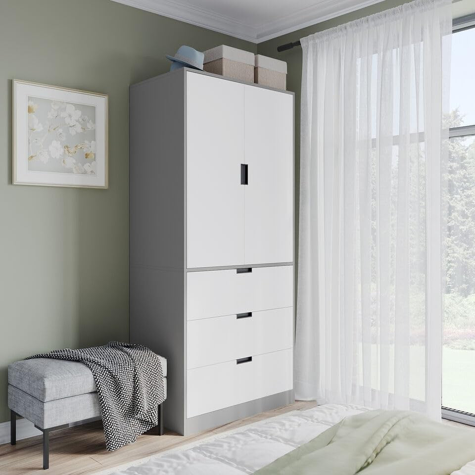 Modern 2 Door Wardrobe with 3 Drawers & Hanging Rail - Space-Saving Storage