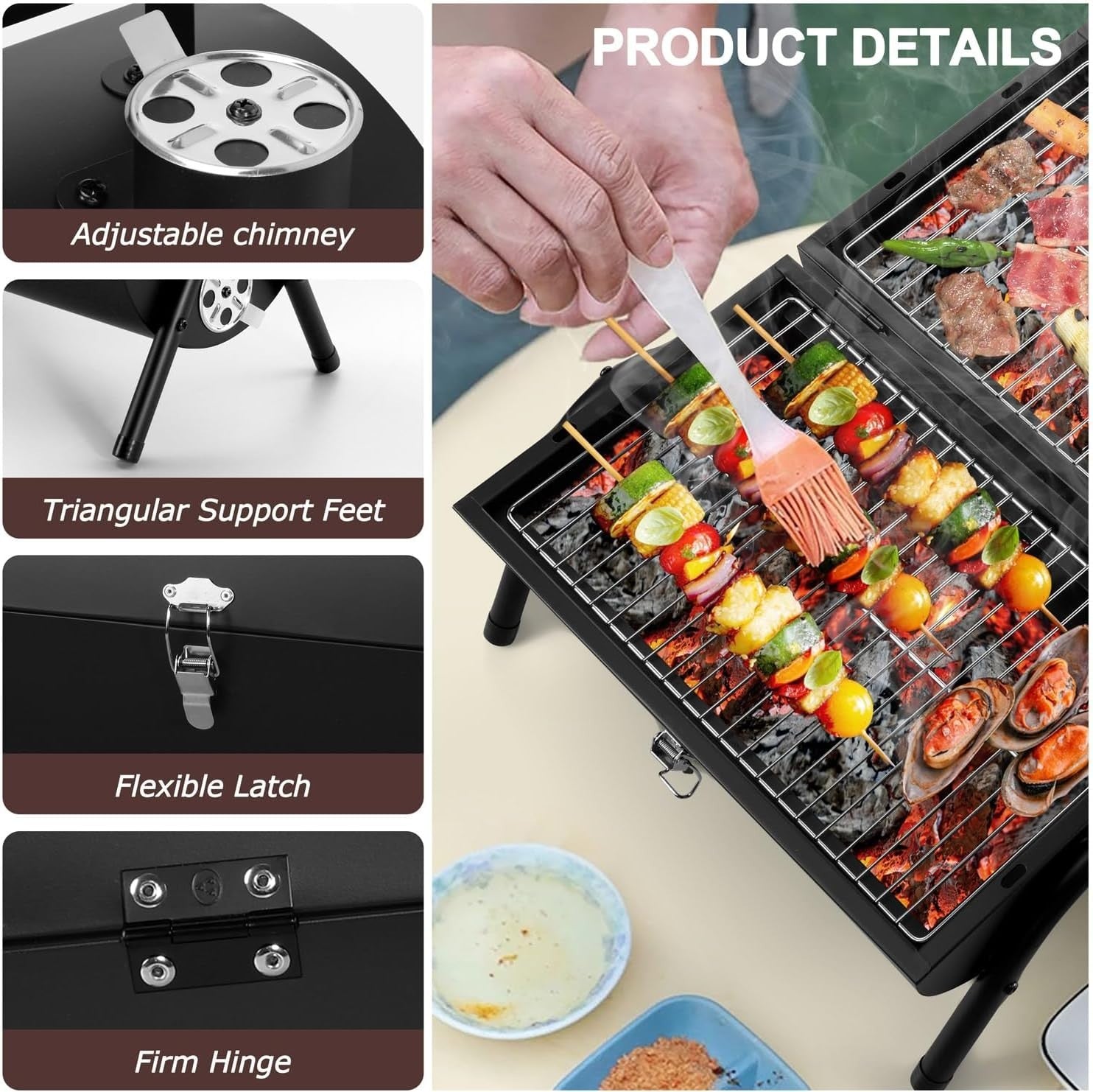 Portable Folding Charcoal BBQ Grill with Roasting Plate & Dual Grill Racks