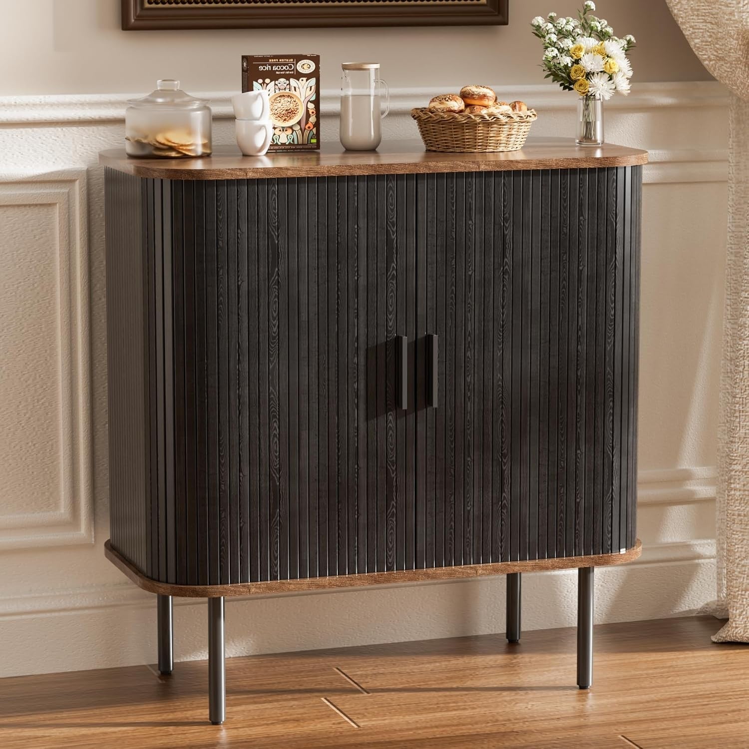 Modern Black Sideboard Buffet Cabinet Cupboard with Sliding Tambour Doors