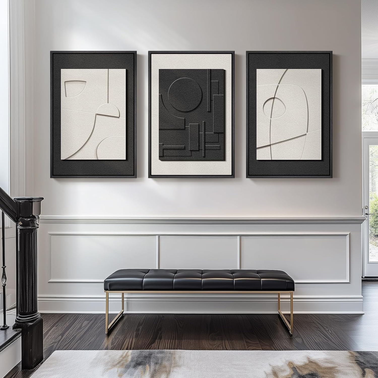 Large 3D Textured Wall Art 3pc 24x36in Black White Framed