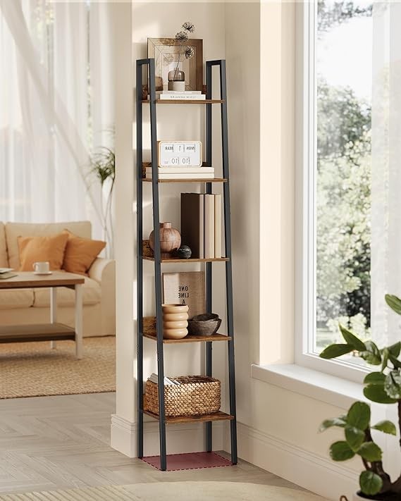 5-Tier Narrow Ladder Shelf Rustic Brown Industrial Tall Bookcase Storage Unit