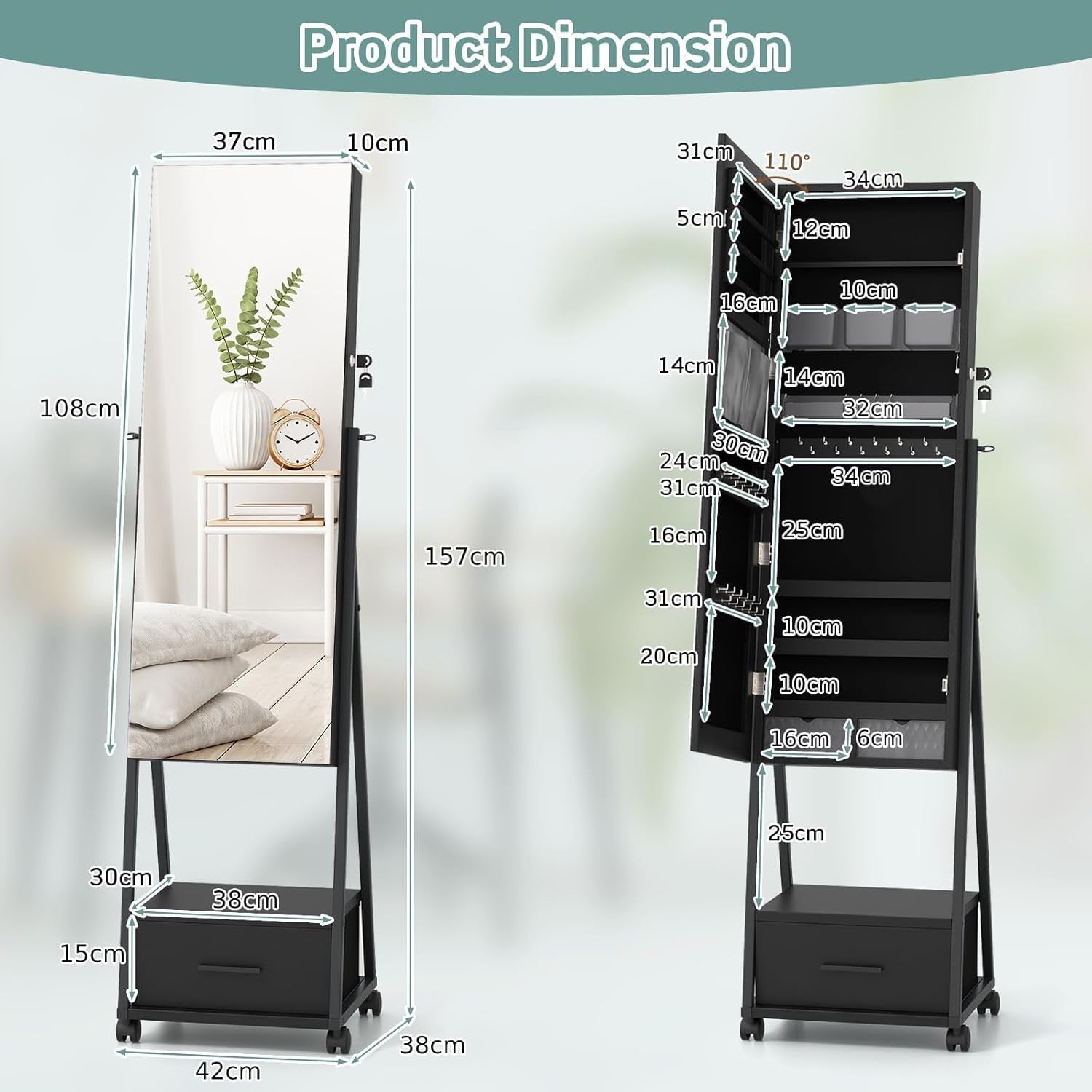 Mobile Jewelry Cabinet with Wheels Lockable Full Length Mirror Storage