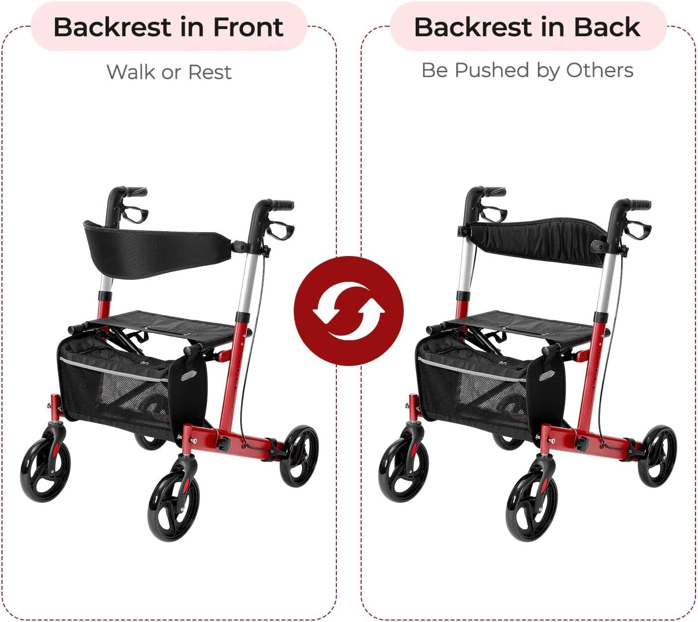 Lightweight Folding Rollator Walker 4 Wheel Seat Bag 300lb Red