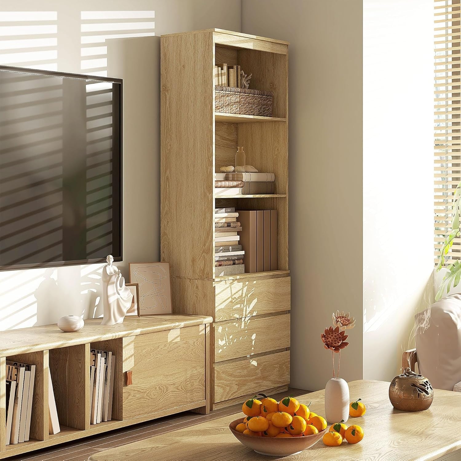 Tall Oak Bookcase with Drawers 180cm Slim Storage Shelf Modern Display Unit