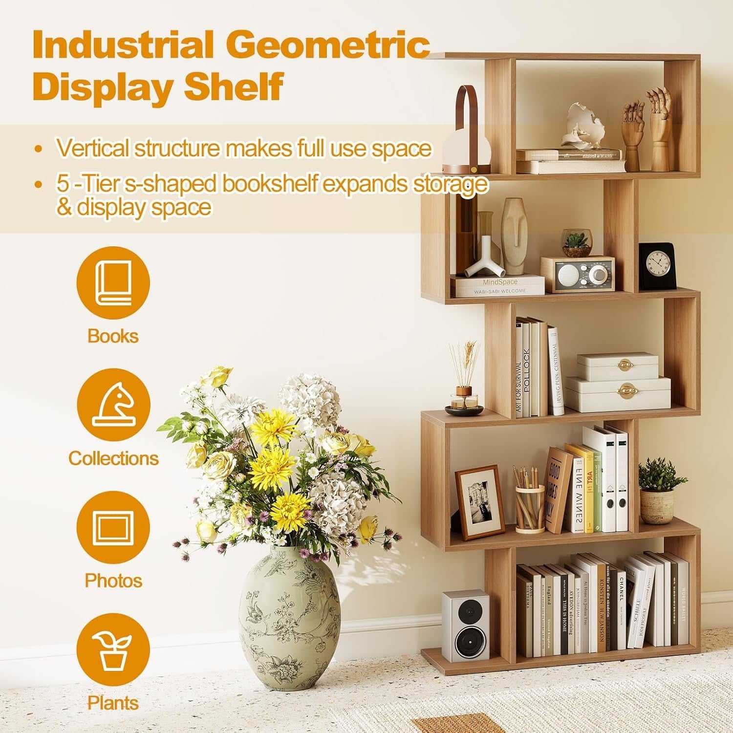 Natural Wood S-Shaped 5/6 Tier Bookcase Modern Display Shelf Storage Unit 70cm