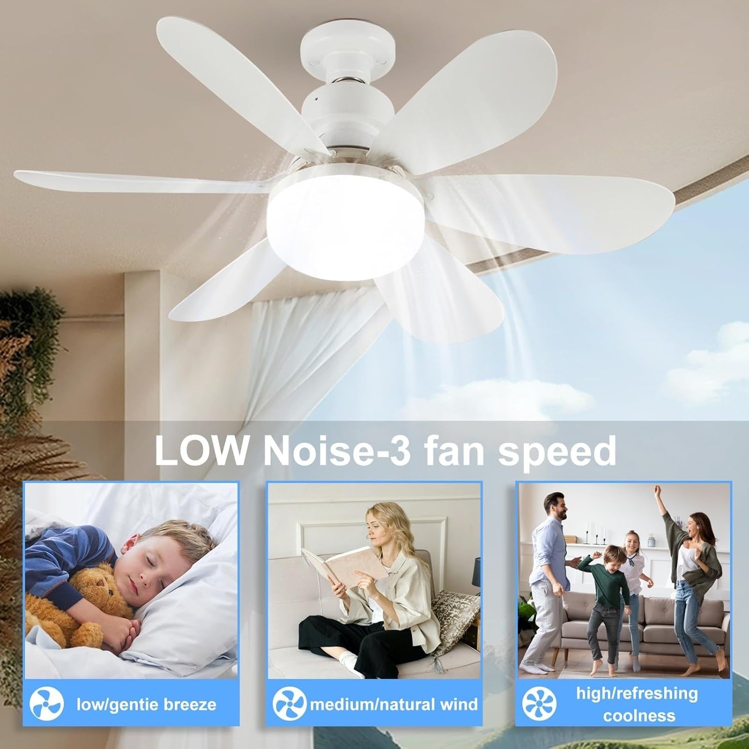 52cm Ceiling Fan, LED Light, E27 Base, Remote, 3 Speeds, Dimmable