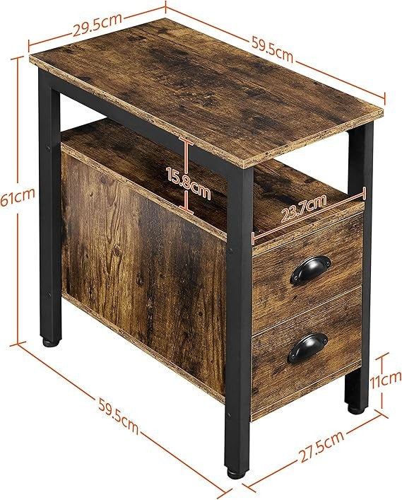Rustic Brown Slim Bedside Table with 2 Drawers & Shelf | Industrial Side Unit