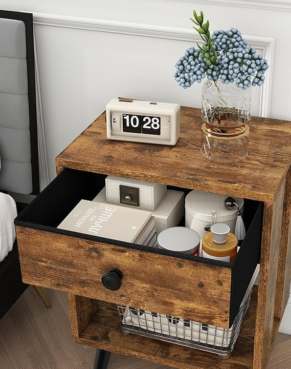 Rustic Bedside Tables Set of 2, Modern Nightstands with Drawer & Shelf, Solid