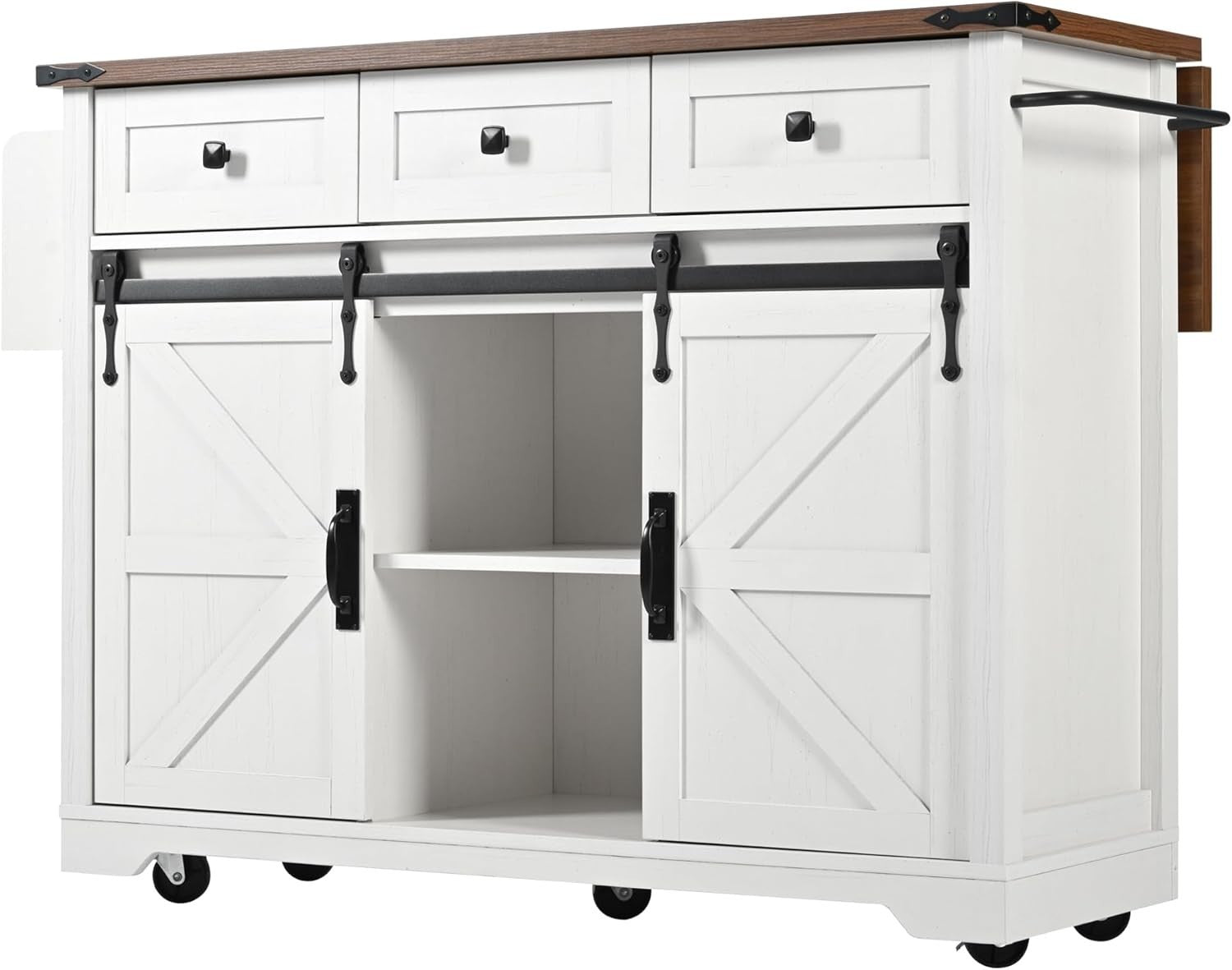 White Kitchen Island Cart with Extendable Walnut Top, Drawers & Sliding Cabinets