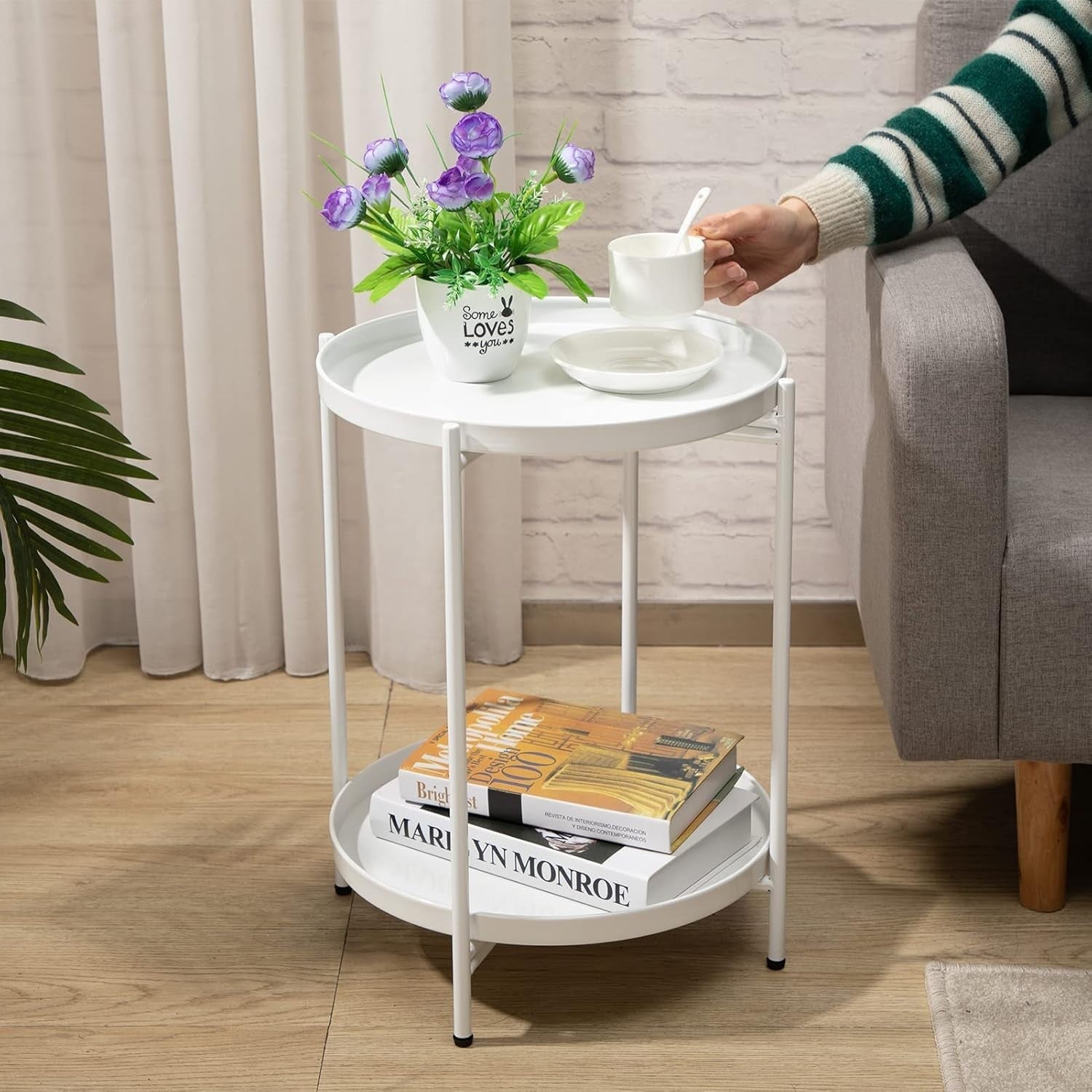 Small Round Metal Side Table 2-Tier Coffee Table Removable Tray White