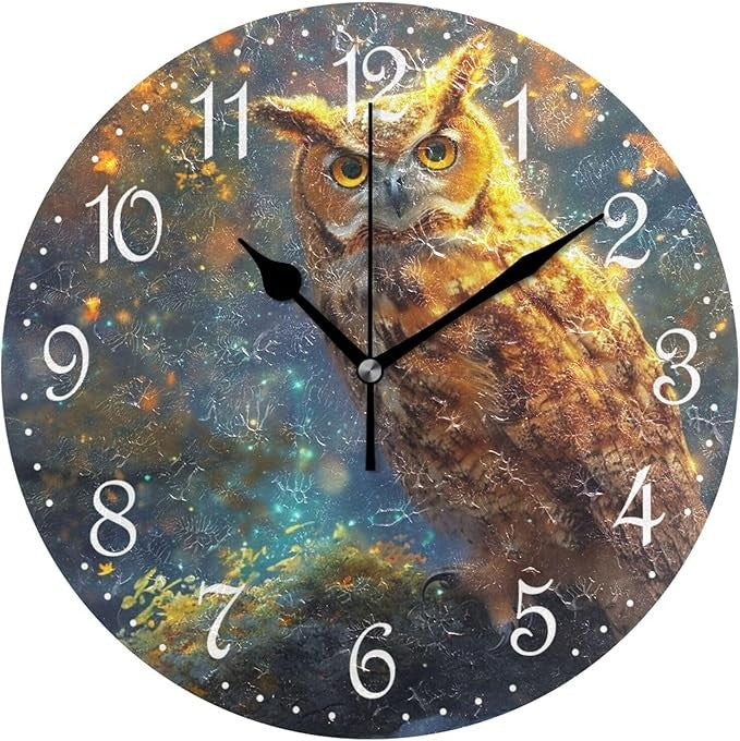 Autumn Owl Wall Clock 25cm Rustic Art Silent Non-Ticking Decorative Home Decor