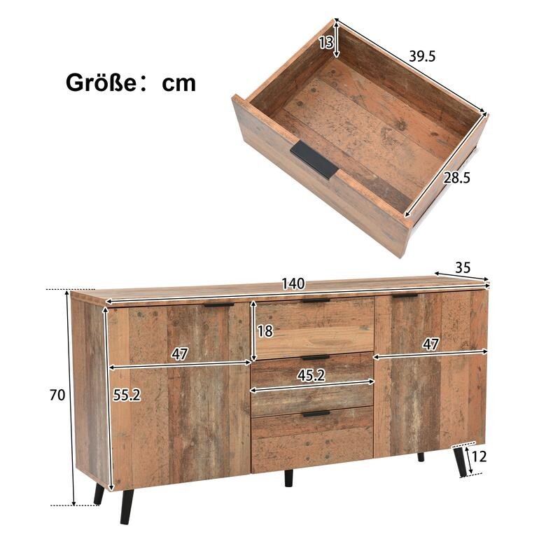 Vintage Sideboard TV Cabinet 140cm Storage Unit with Drawers & Shelves