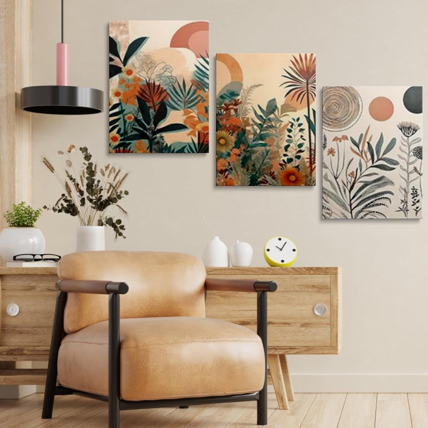 Boho Canvas Wall Art Set of 3 Framed Botanical Prints 40x30cm