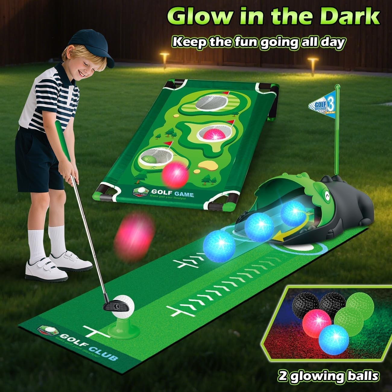 Kids Golf Set Dinosaur Putting Mat Auto Ball Return Indoor Outdoor Toy