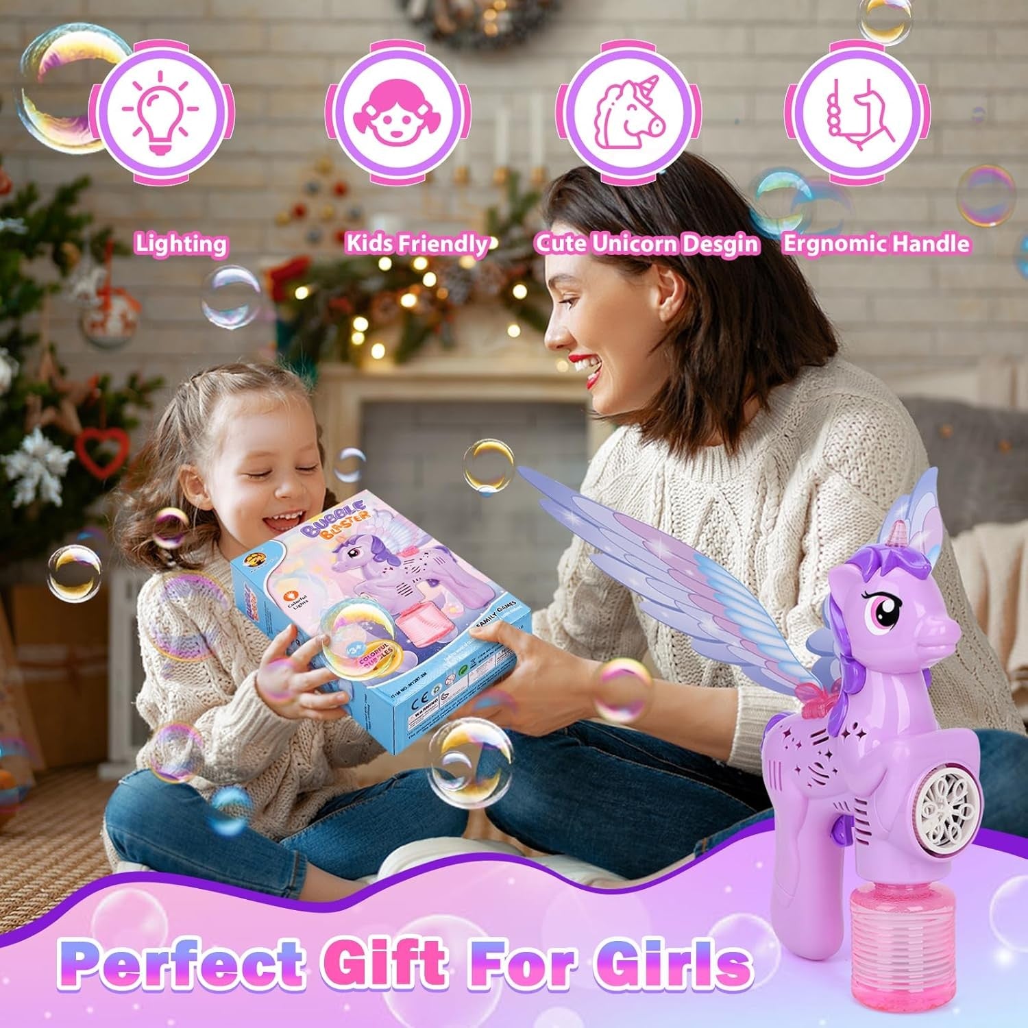 Unicorn Bubble Gun LED Light Wings Purple Toy