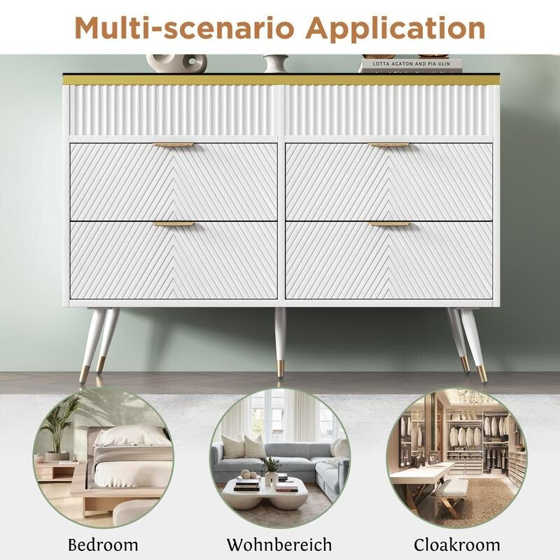 Modern 6 Drawer Dresser Sideboard Cabinet Amber Glass Top Storage Unit
