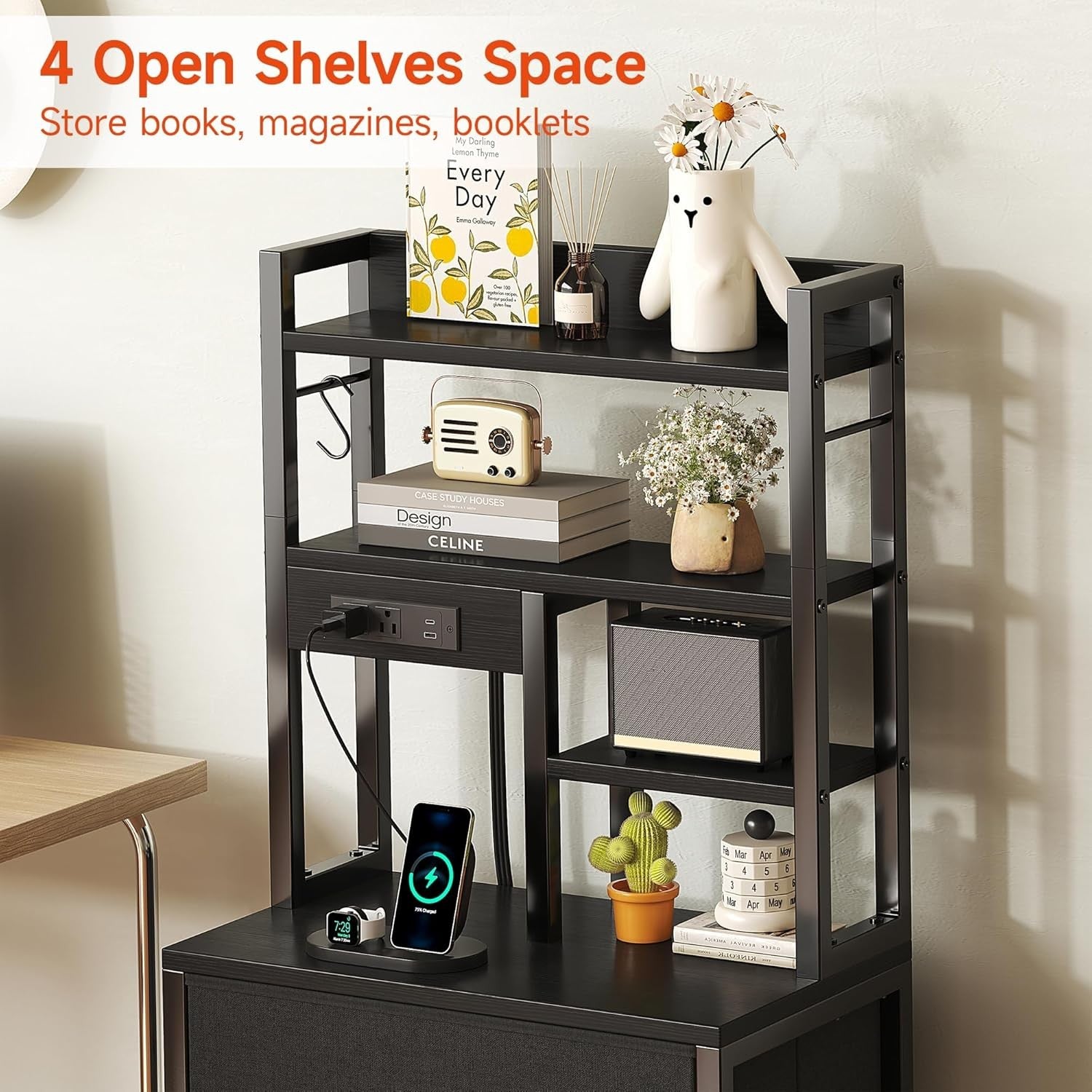 Tall Bedside Table with LED Lights Charging Ports Shelves Drawers Storage Unit