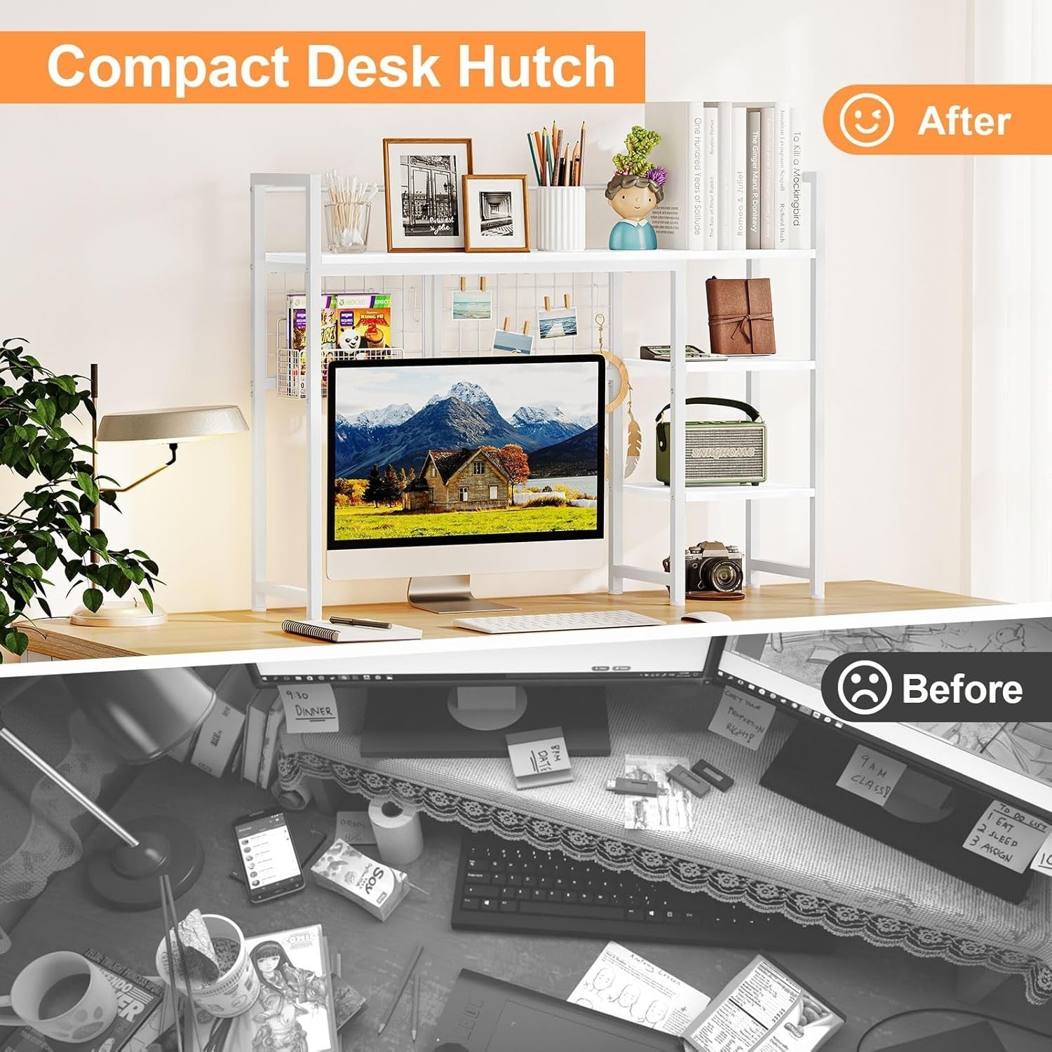 38.6" Desk Hutch Shelf with Pegboard Hooks 4-Tier Desktop Organizer for Monitor