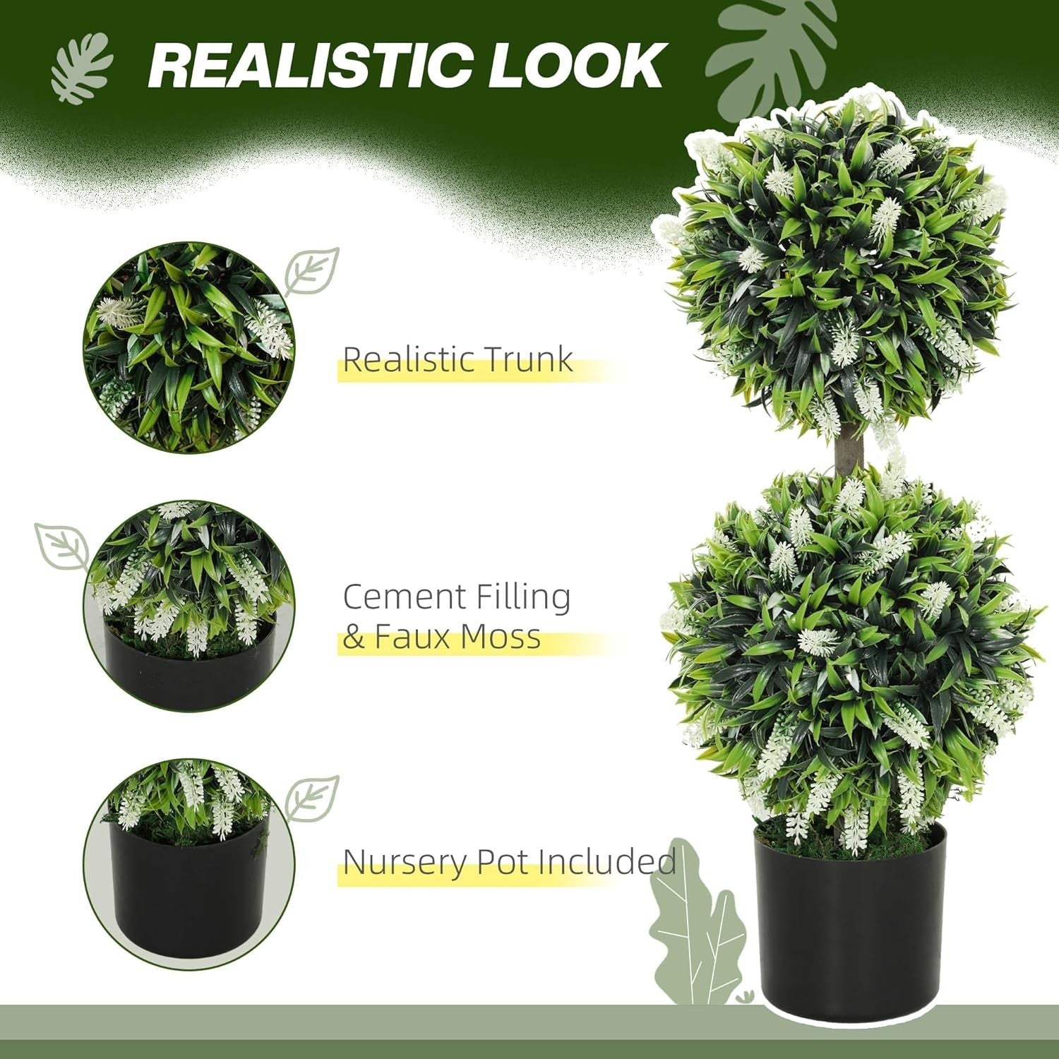 2 Set 70cm Artificial Lavender Topiary Ball Trees White Flower Set in Pots Decor