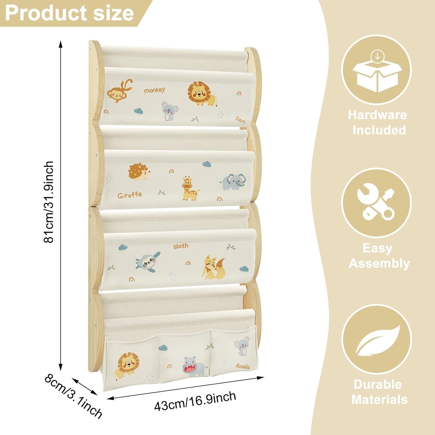 Kids Wall Mounted Bookshelf 4 Tier Floating Shelf with Pockets – Woodland Animal