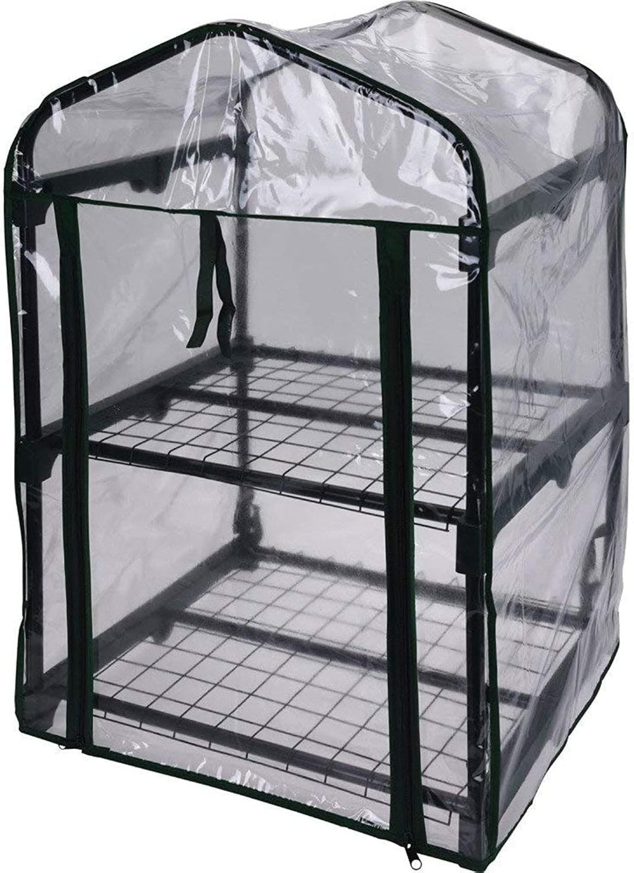 2-Tier Mini Greenhouse with Metal Frame & Clear Zipped Cover for Plants