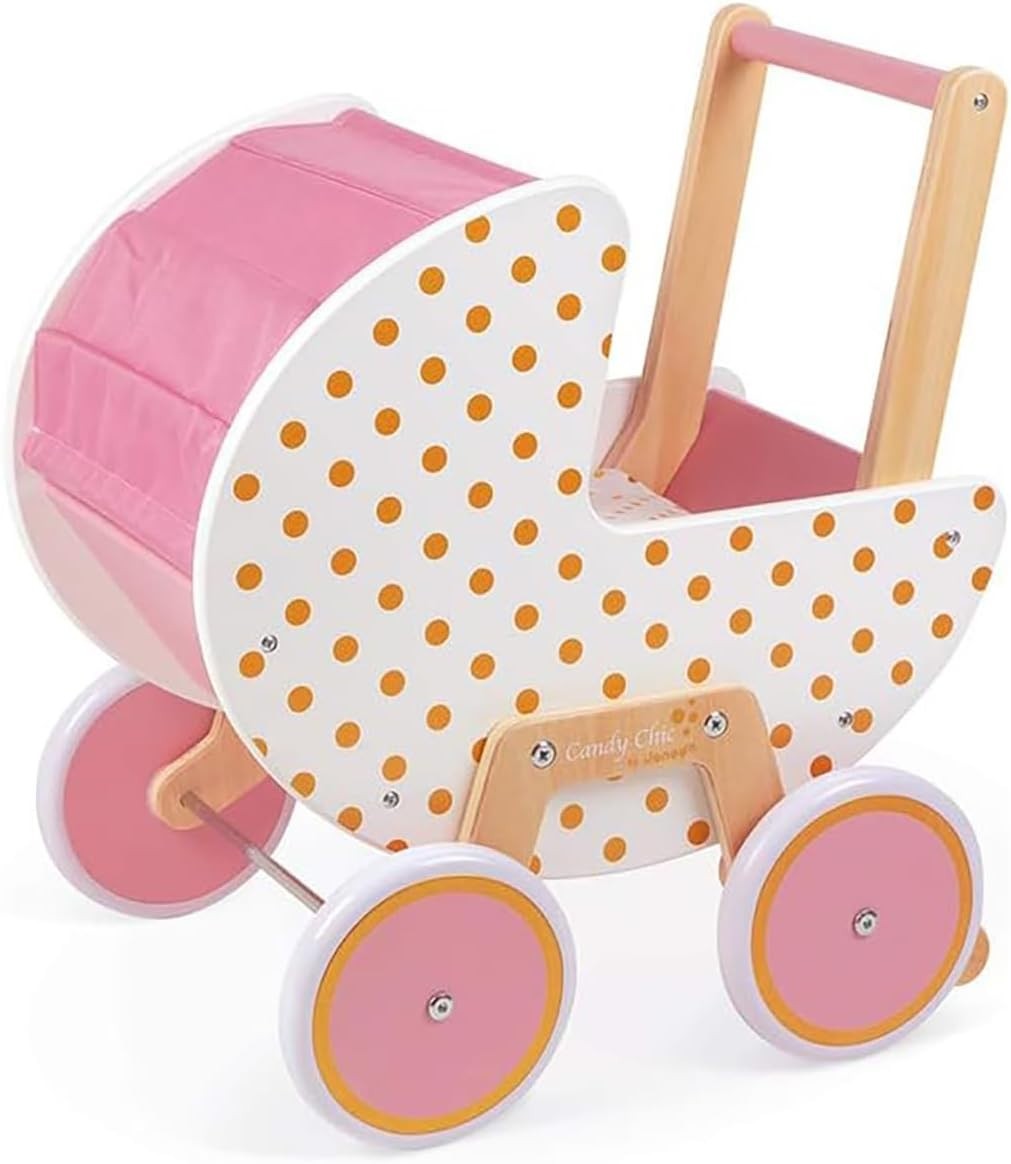 Wooden Candy Chic Doll Pram Pink/White with Pillow & Blanket Quiet Rubber Wheels