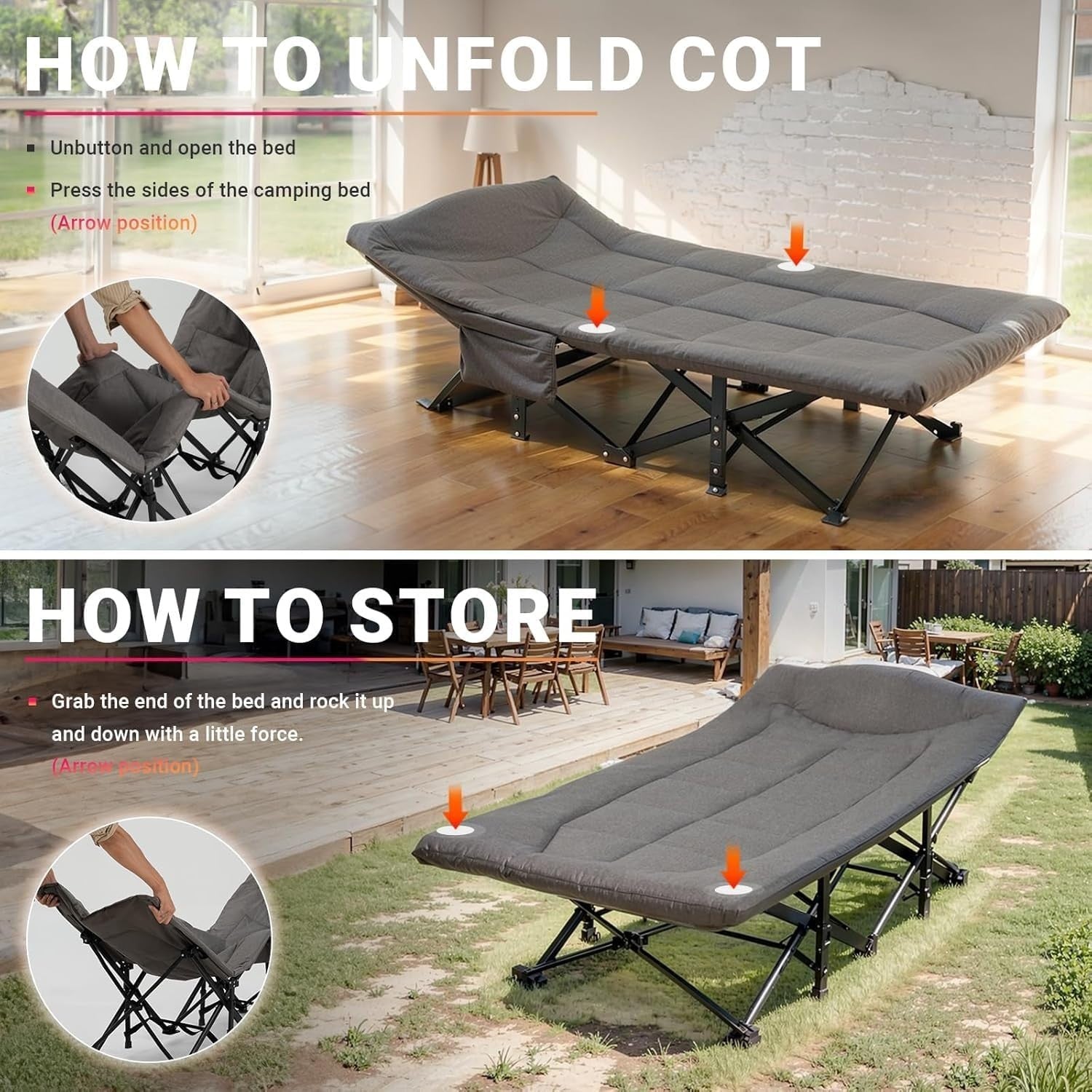 28” Wide Padded Folding Camping Bed with Pillow Portable Outdoor Cot