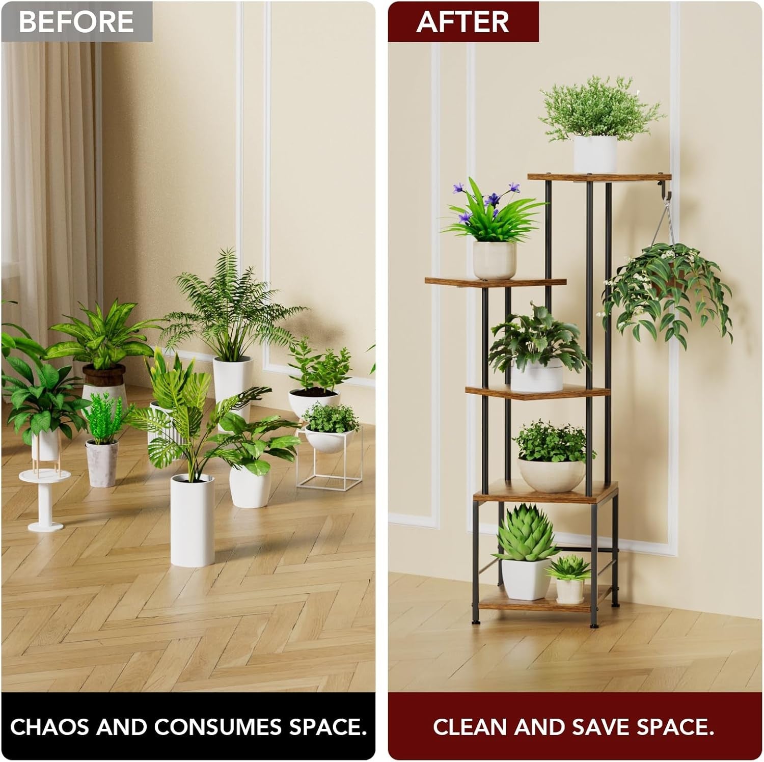 5 Tier Metal Plant Stand with Grow Lights, Tall Corner Flower Shelf for Home